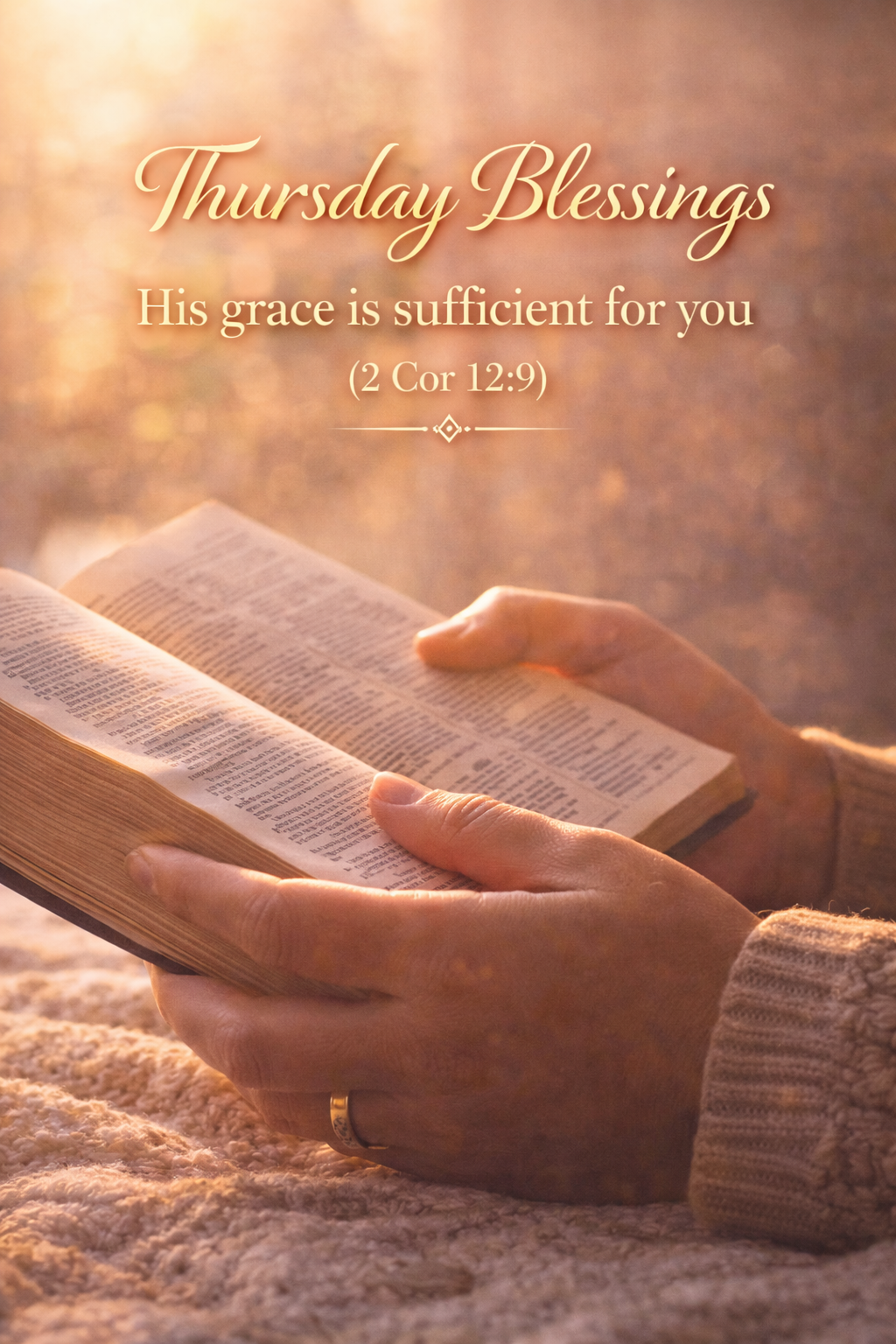 Hands holding Bible with morning light and wedding ring visible, "Thursday Blessings — His grace is sufficient for you (2 Cor 12:9)" in warm gold — WhatsApp